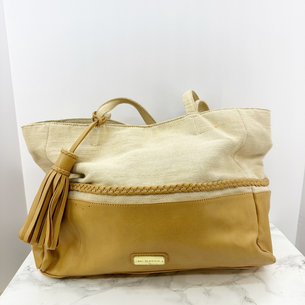 Big Buddha Beige Canvas‎ Faux Leather Tote Bag with Tassel